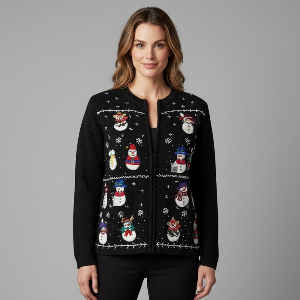Vintage B.P. Design Christmas Sweater Beaded Applique Womens Size Medium Black